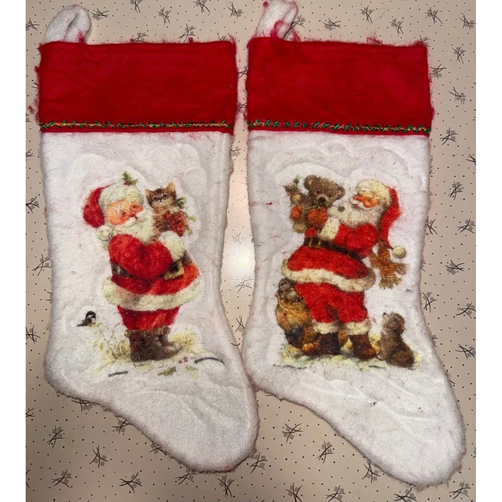 Vintage 1983 Giordano Art Christmas Stockings Santa Kitten Puppy Teddy Bear 2pc